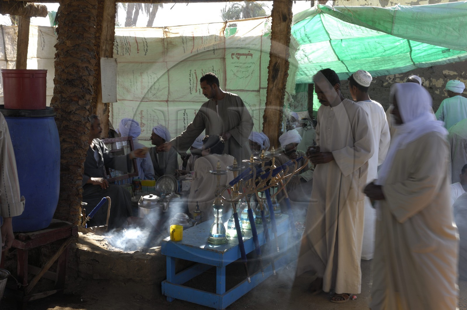 Egypte, Haute Egypte, Daraw au nord d'Assouan, marché aux animaux, fumeurs de Chicha ou Narguilé