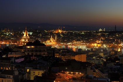 Turkey, Istanbul, Galata Tower in the foreground, the Straits of the Golden Horn and Marmara Sea in the background