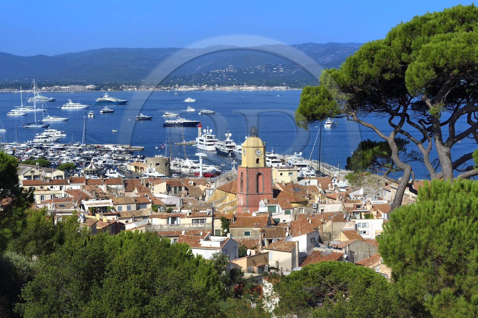 France, Var (83), Saint-Tropez,  église paroissiale Notre-Dame de l'Assomption depuis la citadelle, en arrière-plan Grimaud