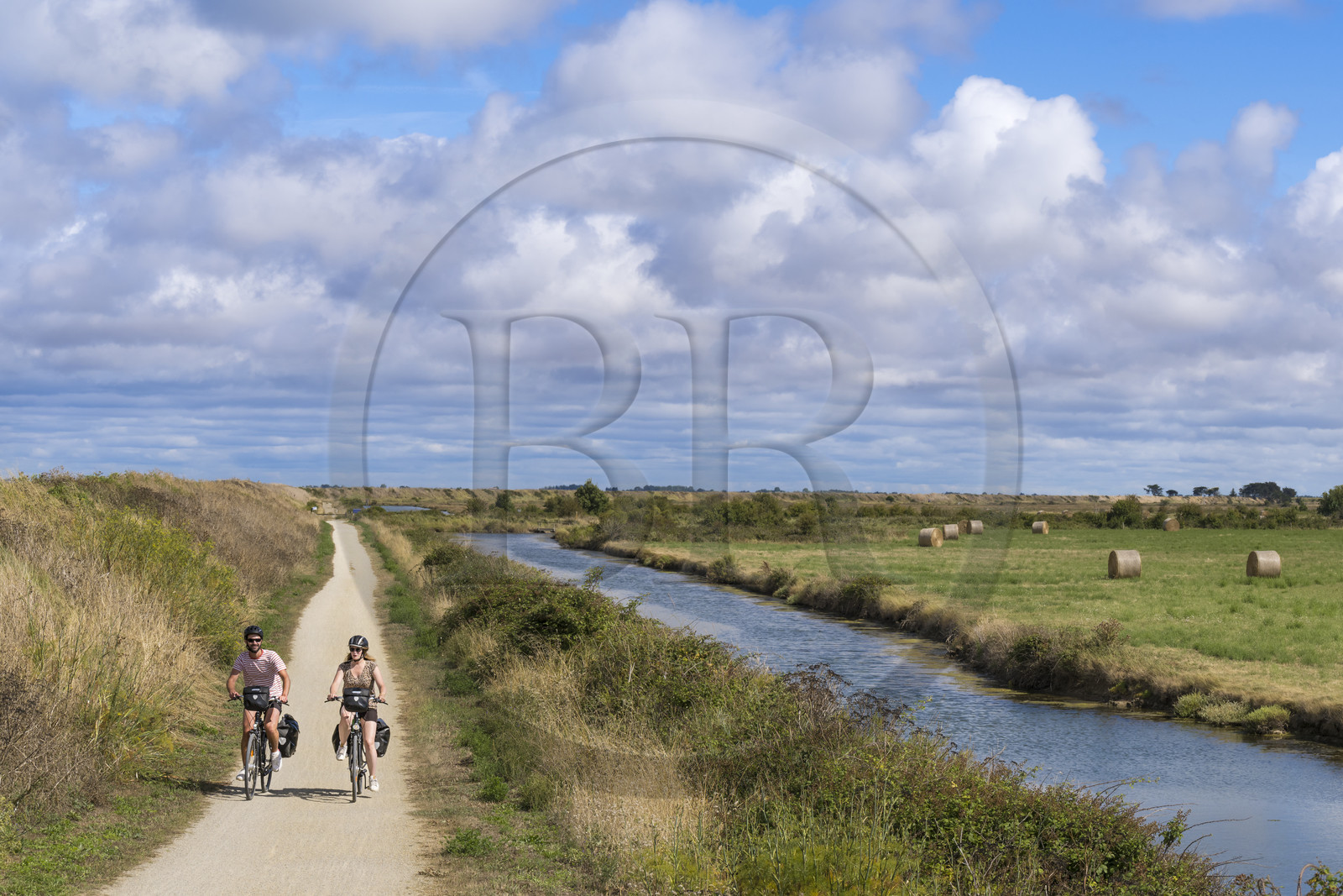 France, Vendée (85), île de Noirmoutier, Barbatre, cyclistes sur la piste cyclable qui suit la digue entre le Port de Bonhomme et le passage du Gois