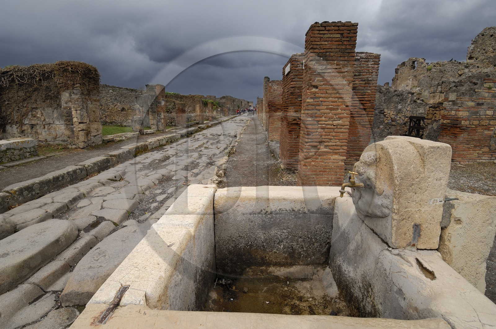 Italy, Campania, Pompei, archeological site listed as World Heritage by UNESCO, old paved street of the city and fountain