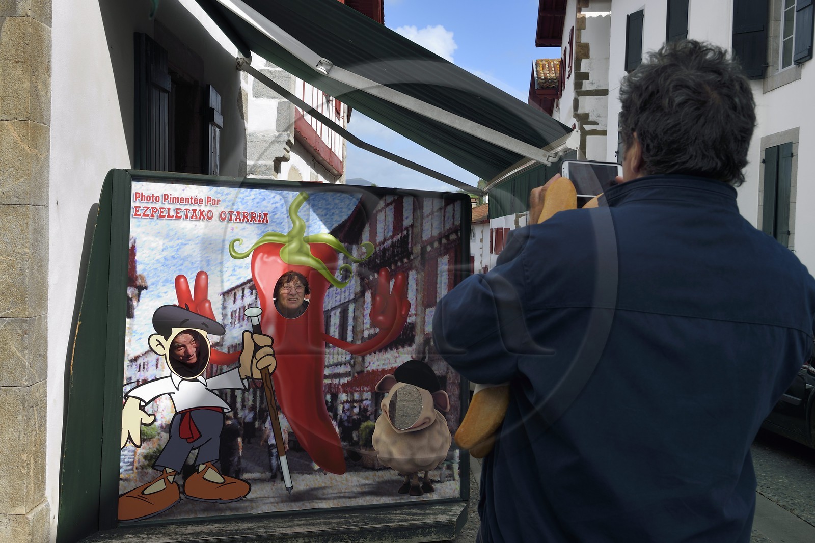 France, Pyrenees Atlantiques, Basque Country, Espelette, souvenir photo board