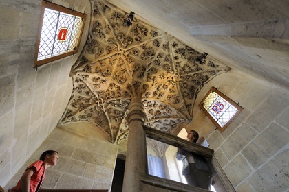 France, Paris (75), La tour (de) Jean-sans-Peur édifiée au XVe siècle, dernier vestige de l'hôtel des ducs de Bourgogne rue Étienne-Marcel, construite sur l'enceinte Philippe-Auguste, le décor végétal de la voûte de l'escalier à vis