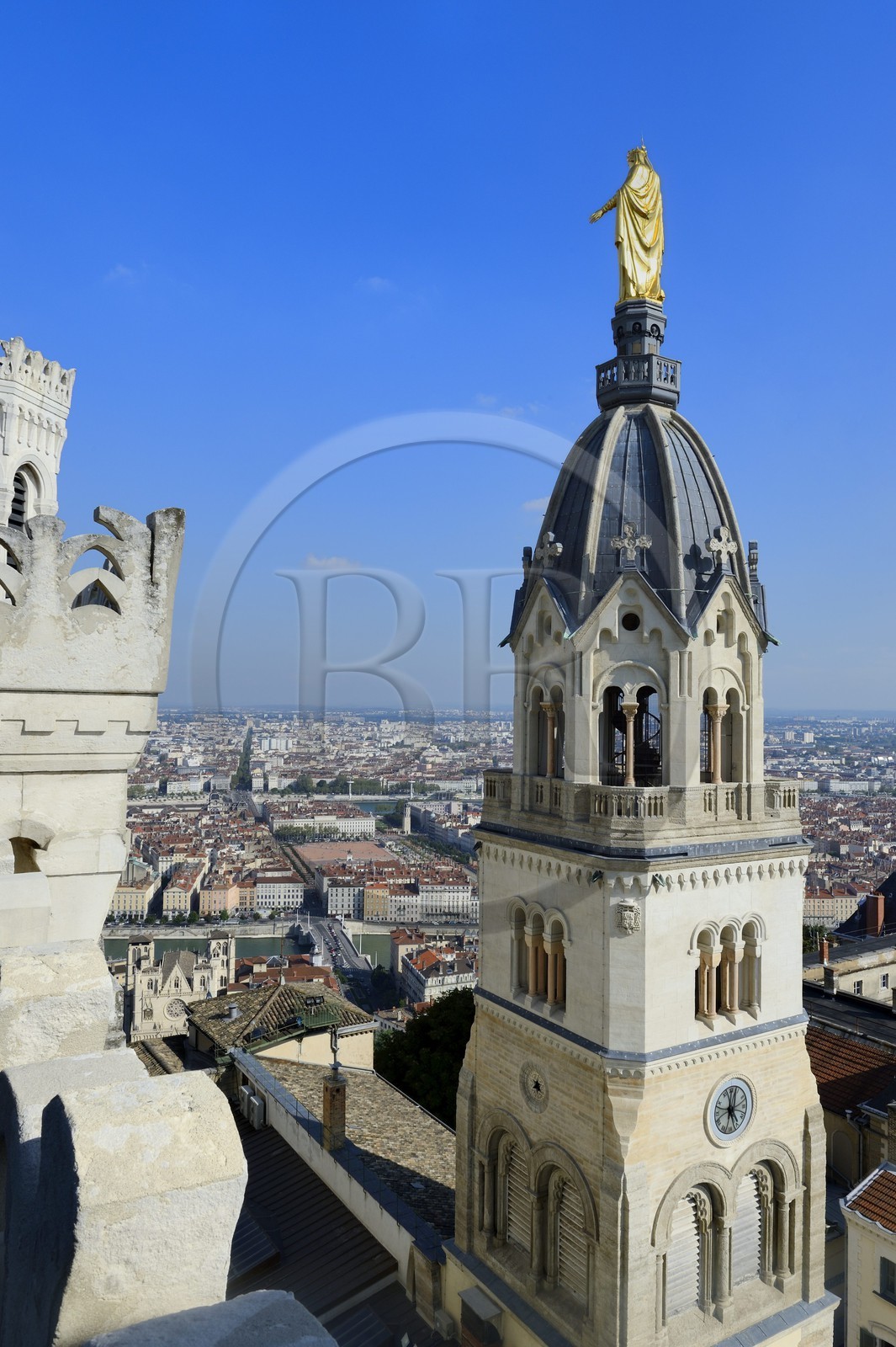 France, Rhone, Lyon, historical site listed as World Heritage by UNESCO, Notre Dame de Fourviere basilica, the former chapel of the Virgin crowned by a monumental golden Virgin, the place Bellecour in the district of La Presqu'Ile and the Rhone river in the background