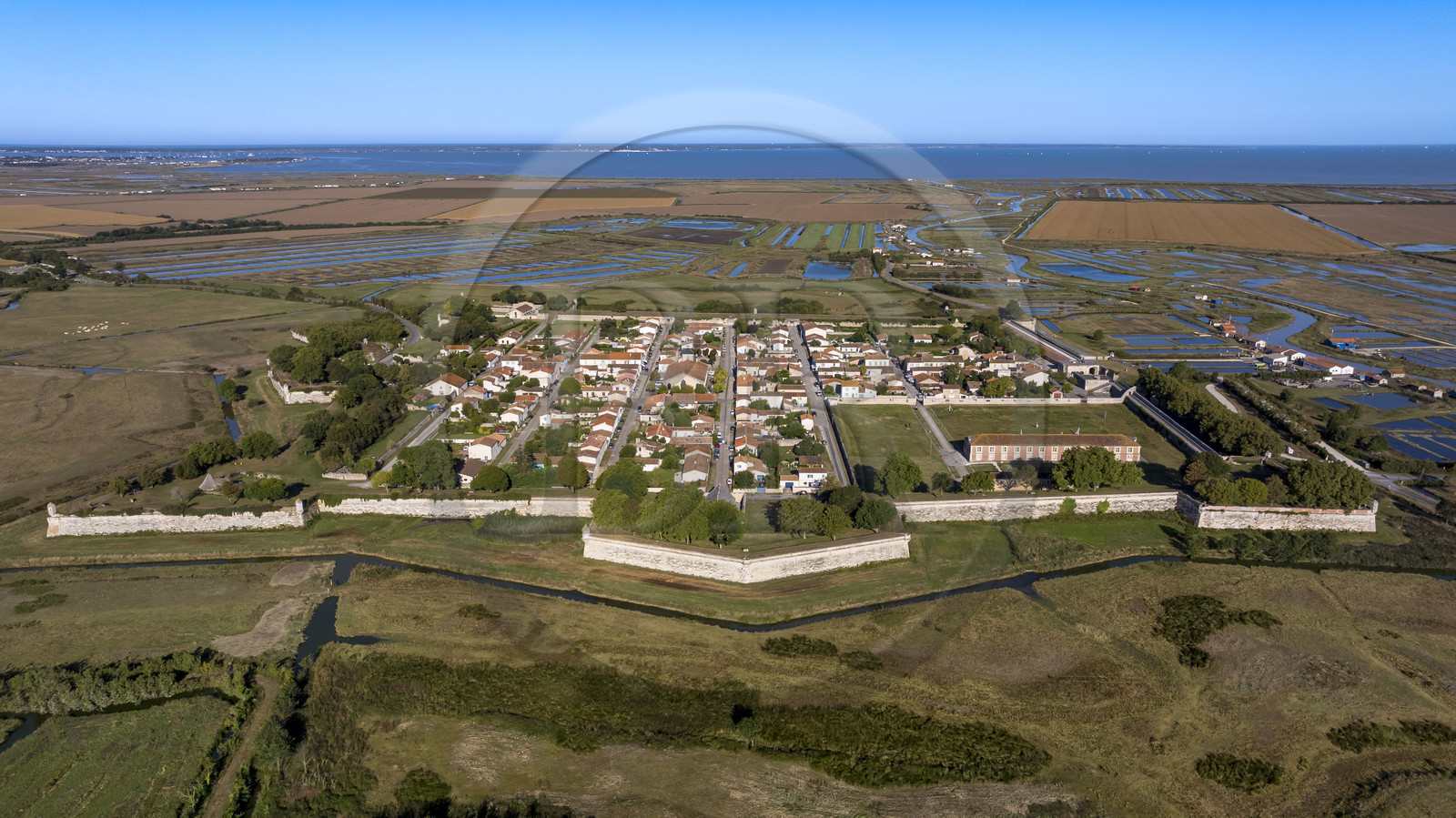 France, Charente Maritime, Saintonge, Marennes Hiers Brouage, Brouage citadel, labelled Les Plus Beaux Villages de France (The Most Beautiful Villages of France), the ramparts built from 1630 to 1640 form a square of 400m side and are defended by 7 bastions equipped with watchtowers (aerial view)