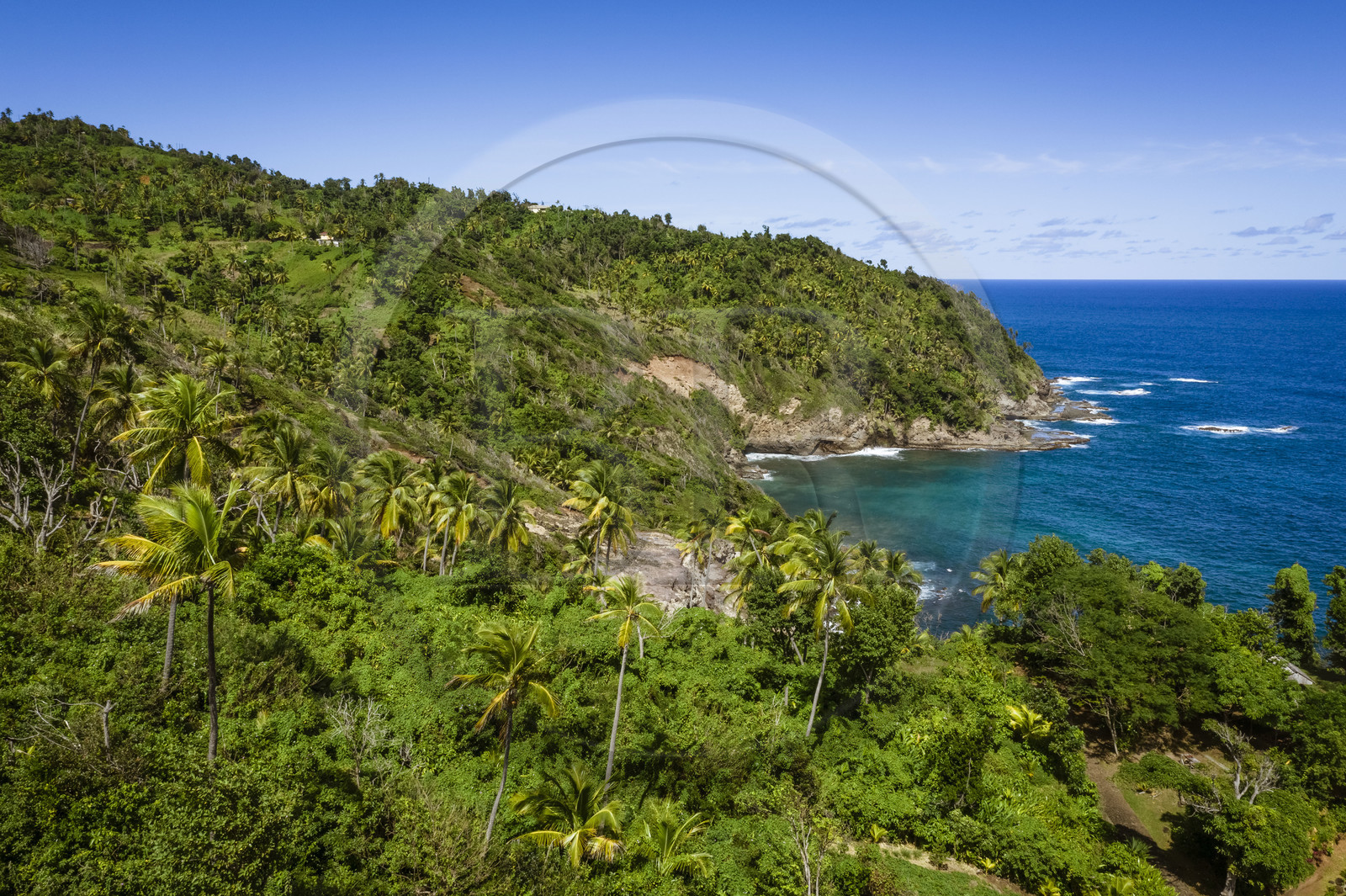 Caraïbes, Ile de la Dominique, Salybia, Territoire Kalinago, Kalinago Barana Autê (le village Caraïbe en bord de mer) (vue aérienne)