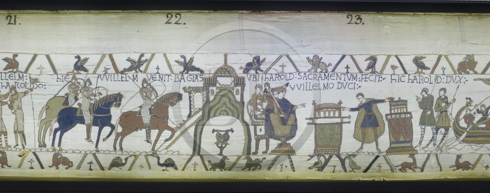 France, Calvados (14), Bayeux, la tapisserie dite de la Reine Mathilde qui raconte l'invasion de l'angleterre par Guillaume Le Conquérant