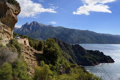 France, Corse du Sud, Golfe de Porto, listed as World Heritage by UNESCO, D81 road that goes from Calvi to Porto, the Capo d'Orto in the background