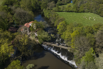 France, Vendee, Chanverrie, cycling on the Vendée Vélo Tour cycle route, crossing the pont du Guy bridge over the Sèvre Nantaise river not far from the Moulin de la Garde (aerial view)