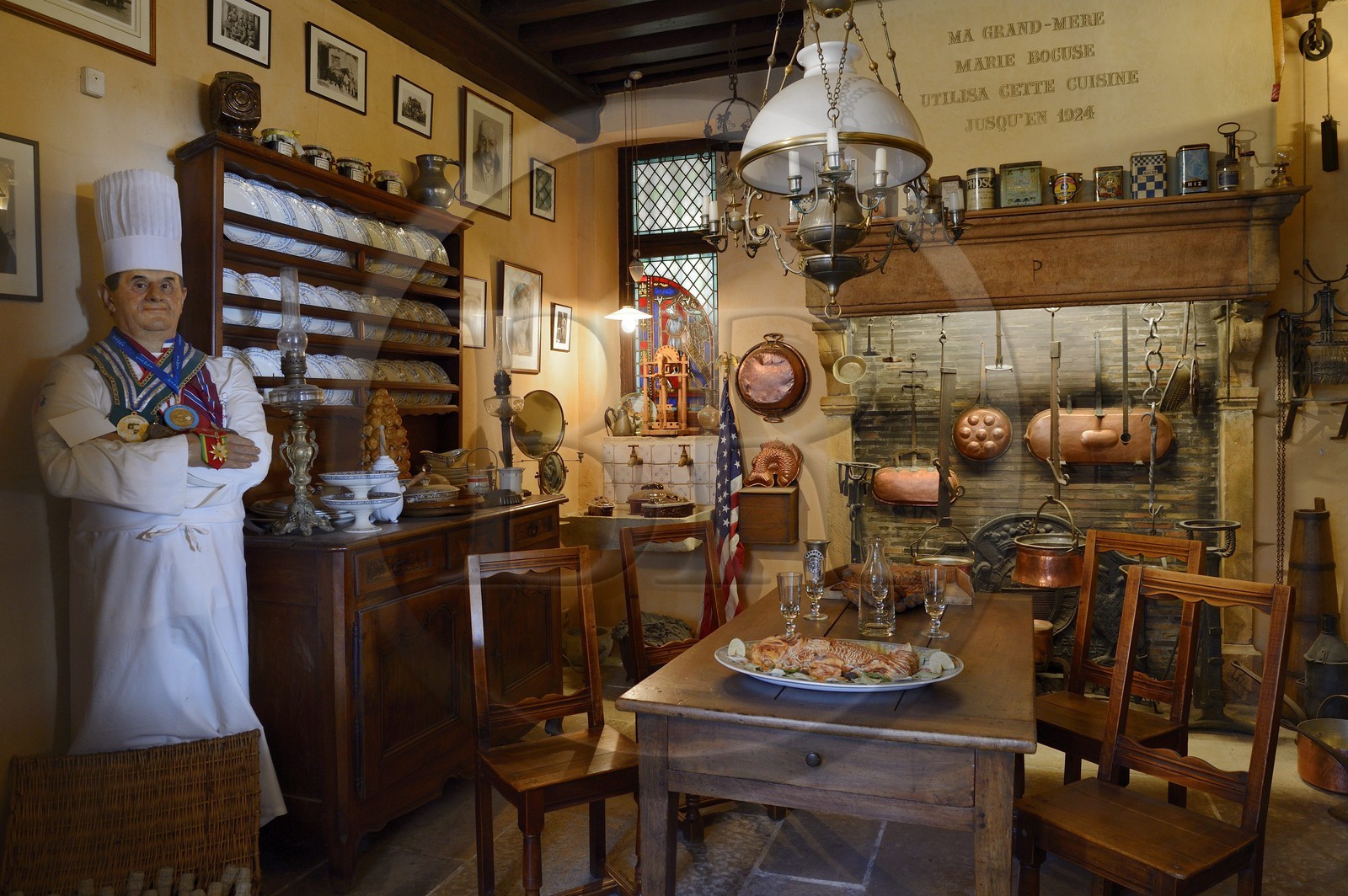 France, Rhone, Collonges au Mont d'Or, Paul Bocuse Restaurant L'abbaye de Collonges dedicated to receptions, reconstitution of his grandmother restaurant cuisine in 1924