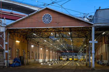 Portugal, Lisbon Alcantara district, the Santo Amaro Depot under the bridge of 25 de Abril which houses Lisbon’s trams, line 28 is the most famous and picturesque of them