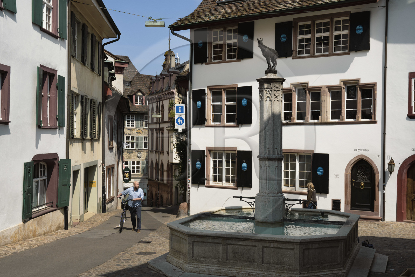 Switzerland, Basel, Old Basel, little fountain at the angle of the Gemsberg street and Unterer Heuberg