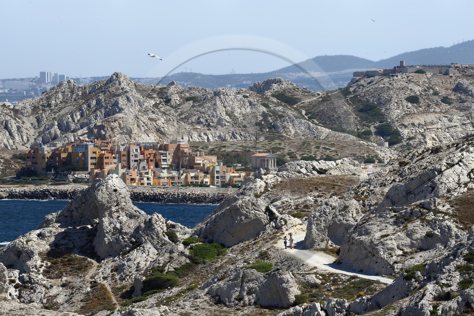 France, Bouches-du-Rhône (13), Marseille, Parc National des Calanques, Archipel des Iles du Frioul, Ile Ratonneau, le village de Frioul, le seul chemin de l'Ile de Pomègues au premier plan