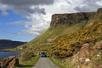 United Kingdom, Scotland, Highland, Inner Hebrides, Isle of Mull west coast, narrow coastal road towards Balnahard and Loch Na Keal