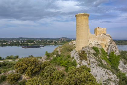 France, Vaucluse (84), Châteauneuf-du-Pape, le chateau de L'Hers (Xe siècle) sur les bords du Rhone (vue aérienne)