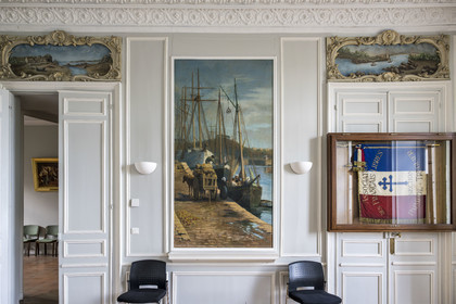 France, Cotes d'Armor, Paimpol, shipowner's house of the Allenou family from the mid-19th century, which became the Town Hall, mural representing the cale aux pommes slipway of the port in the current wedding hall