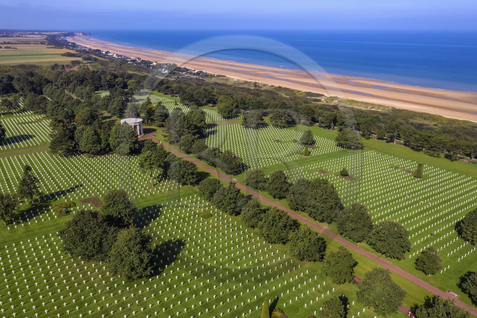 France, Calvados, Colleville sur Mer, the Normandy Landings Beach, Normandy American Cemetery and Memorial, Omaha Beach in the background