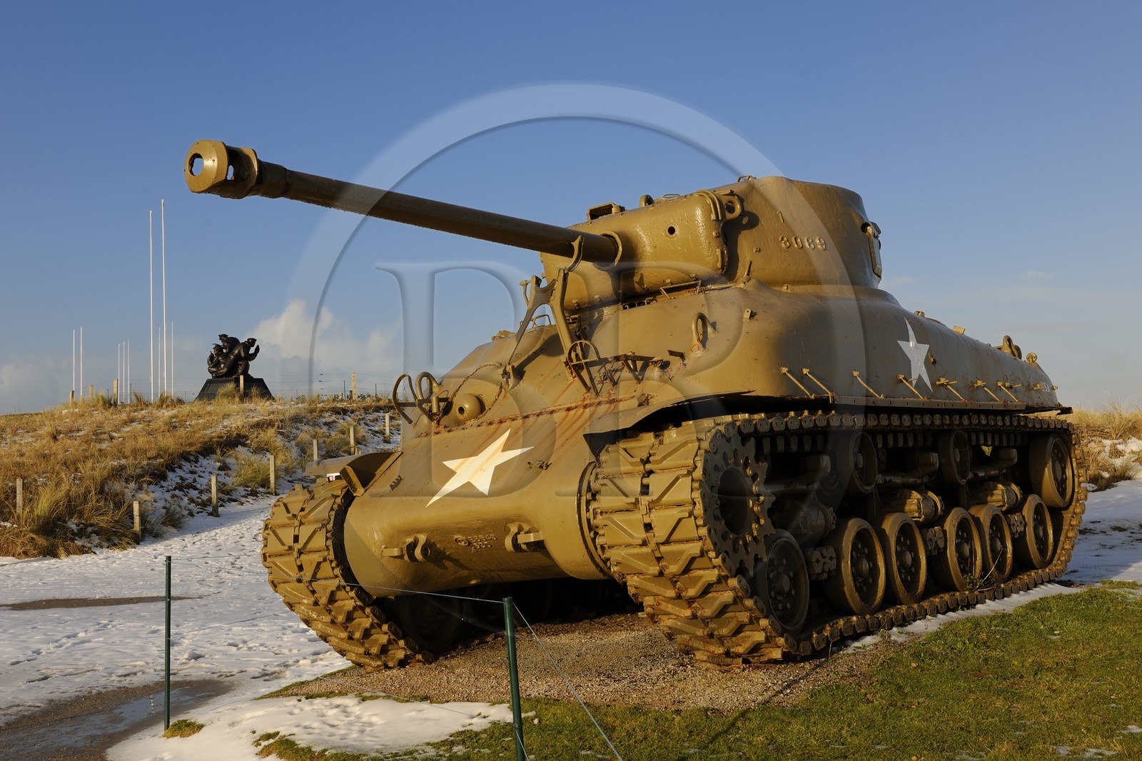 France, Manche, Cotentin, Sainte Marie du Mont, American tank behind Utah Beach where took place the main American landing of D day