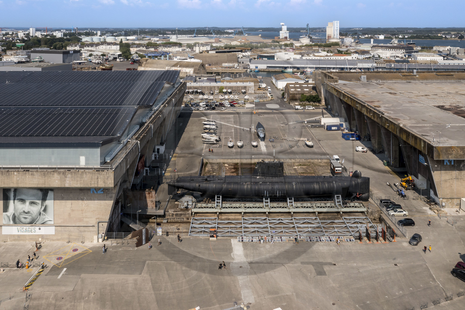 France, Morbihan, Lorient, Lorient La Base, former submarine base built by the Germans during the Second World War, submarine Flore S645 in service from 1964 to 1989 and its museum(aerial view)