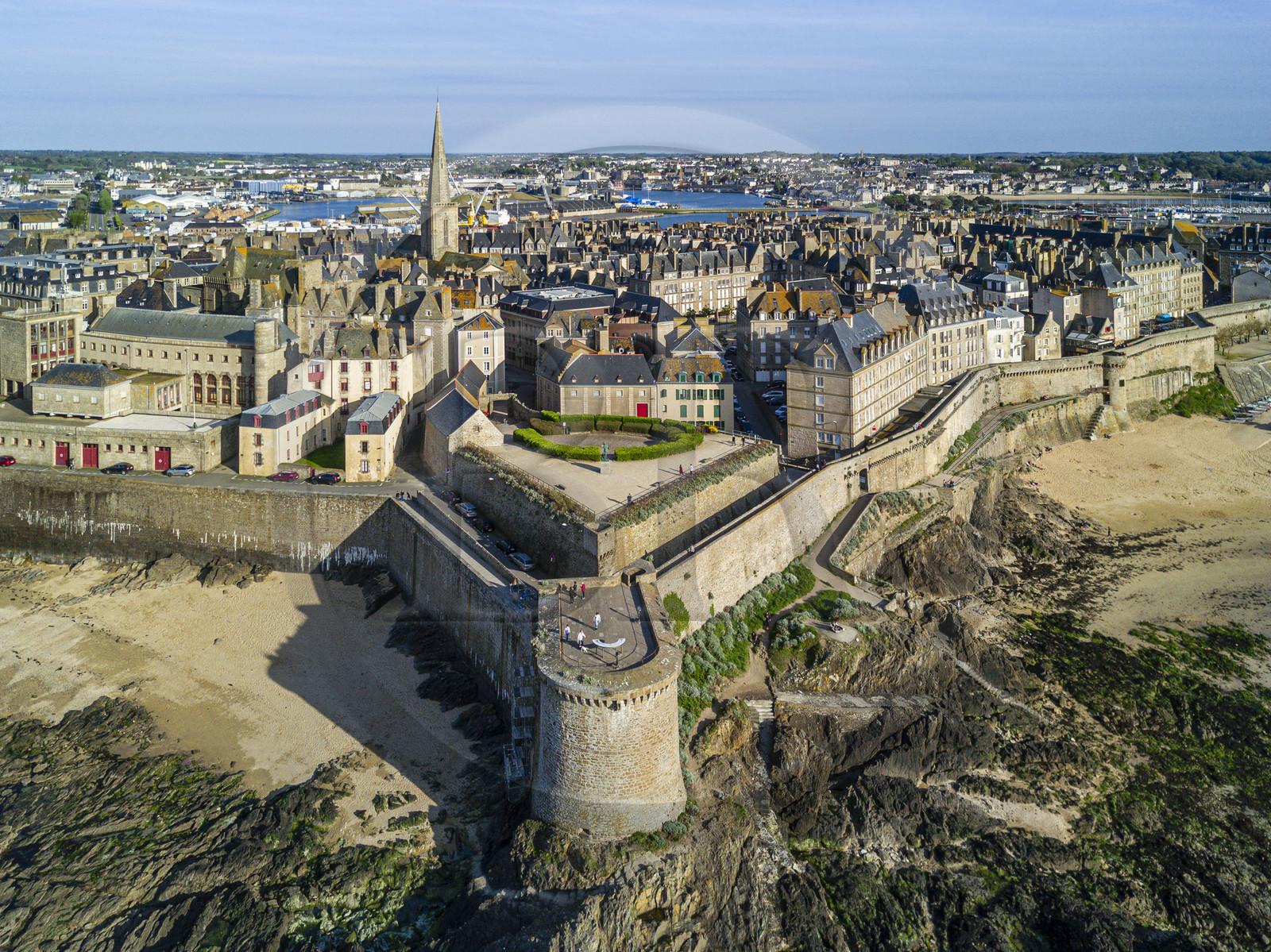 France, Ille et Vilaine, Cote d'Emeraude (Emerald Coast), Saint Malo, the walled city with the Bidouane Tower in the foreground (aerial view)