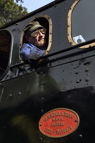 France, Alpes-Maritimes, Puget Theniers, Daniel Bonneau volunteer of G.E.C.P. that restores and operates the Train des Pignes historic train, today engineer (and therefore train driver)
