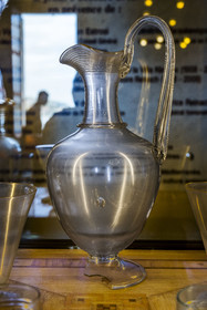 France, Alpes-Maritimes, Beaulieu-sur-Mer, neo-Greek style villa Kerylos build in 1908 by architect Emmanuel Pontremoli, glass carafe on a model of ancient Greece