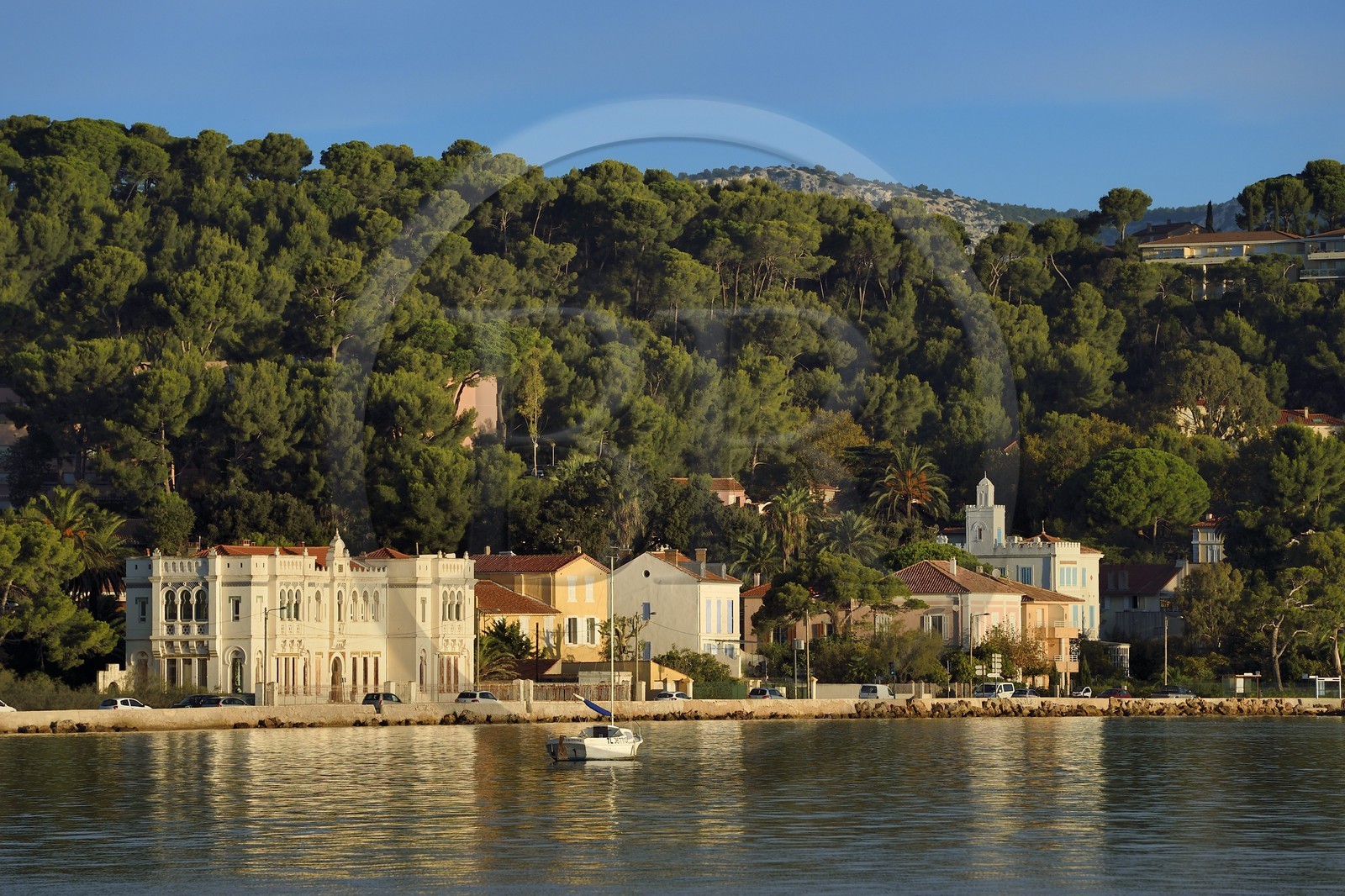 France, Var, the Rade (Roadstead) of Toulon, La Seyne-sur-Mer, area of Tamaris, the orientalist style Michel Pacha Institute (formerly Institute of Marine Biology of the University of Lyon) and the Crescent villa (villa du Croissant) is recognizable by its minaret tower