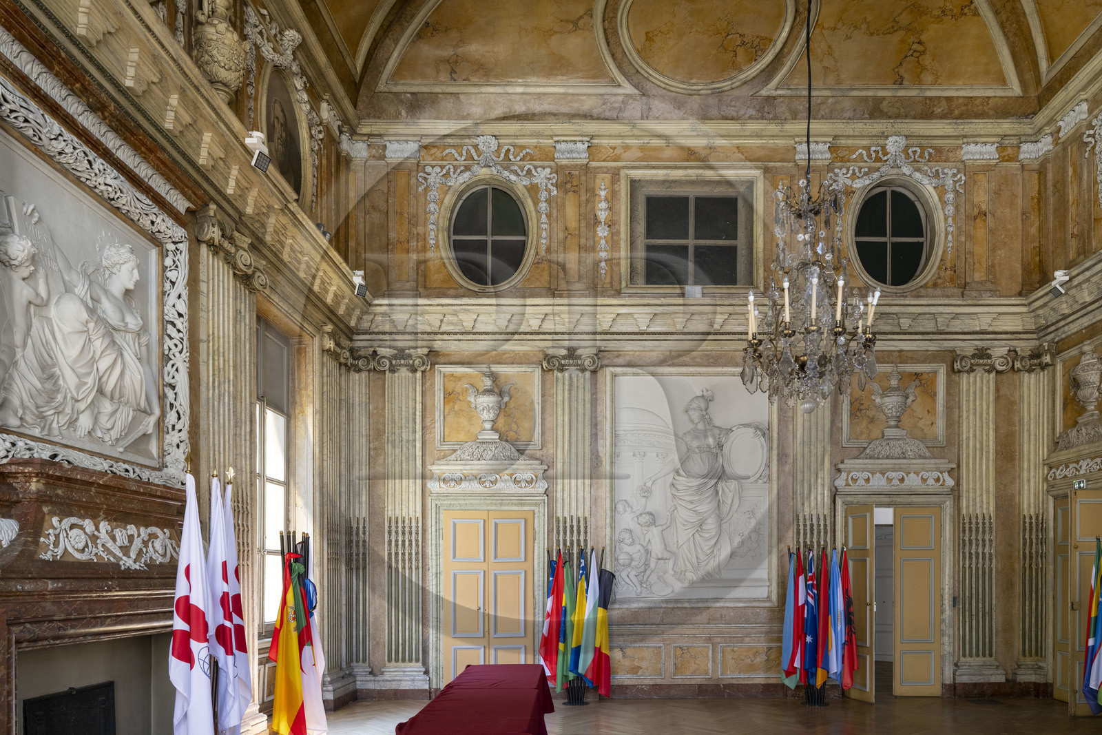 France, Cote d'Or, Dijon, area listed as World Heritage by UNESCO, Hotel Despringles built between 1662 and 1675, proceedings room decorated with stucco bas-reliefs imitating white marble