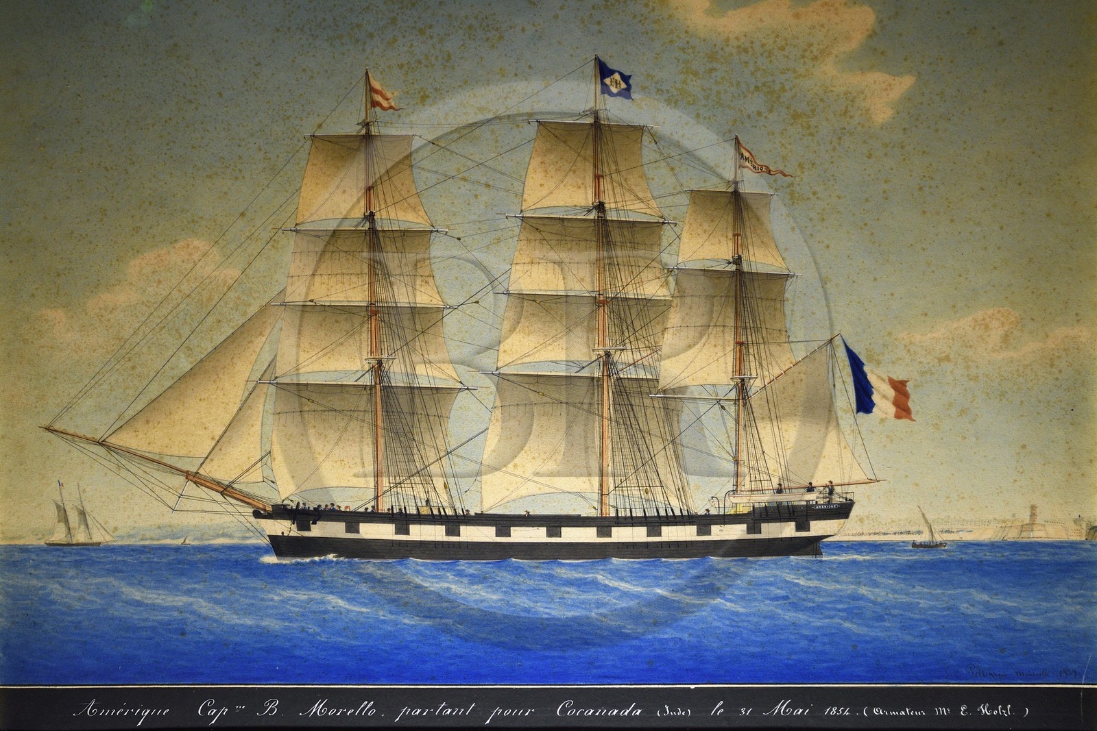 France, Var (83), Saint-Tropez, citadelle du XVIe siècle, musée d'Histoire maritime tropézienne, peinture du trois-mats Amérique commandé par le capitaine au long cours Morello au XIXème siècle