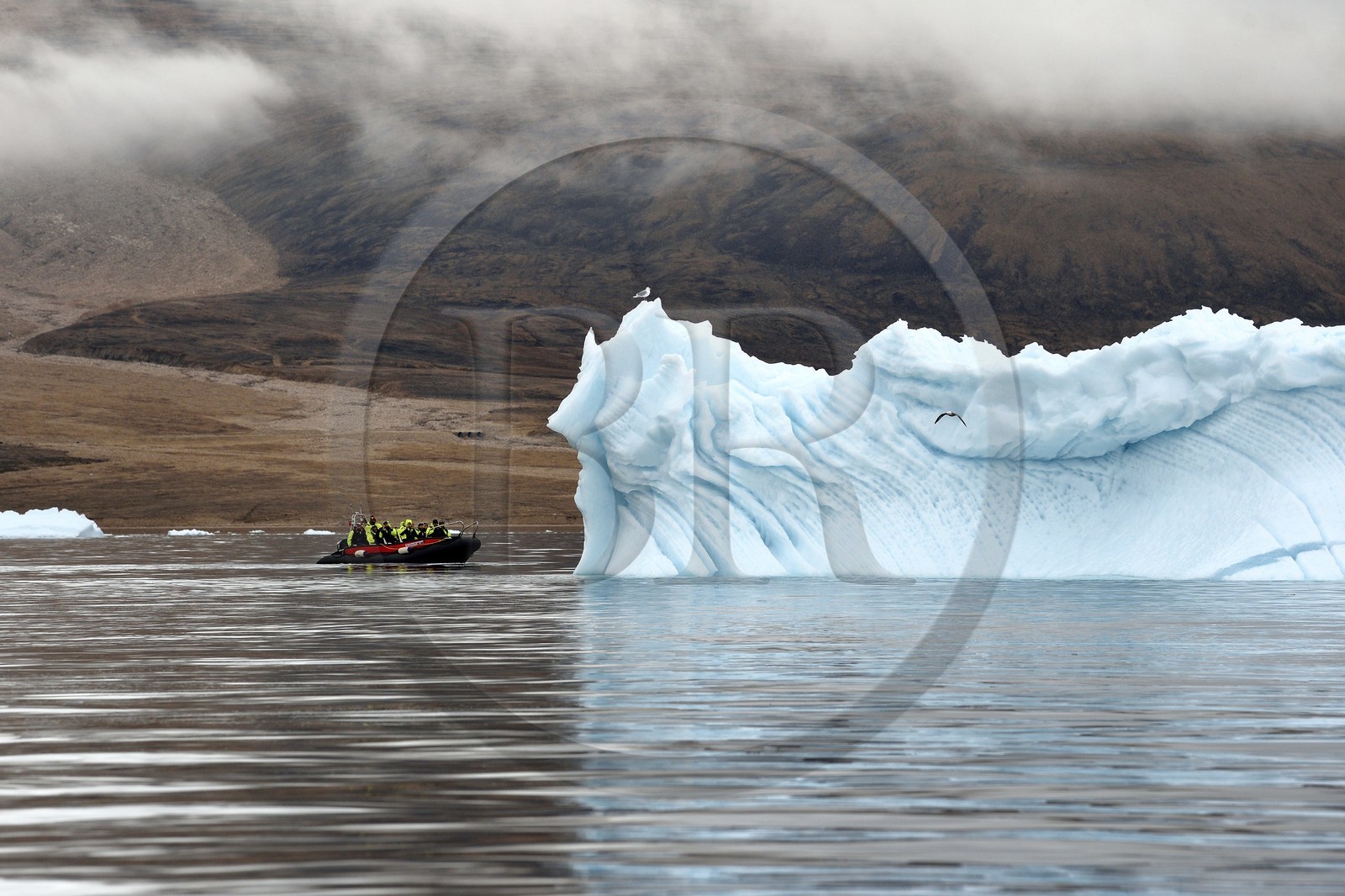 Groenland, cote Nord-Ouest, mer de Baffin, Inglefield Fjord vers Qaanaaq, iceberg et un PolarCirkel boat (zodiac) d'exploration du bateau de croisière MS Fram de la compagnie Hurtigruten
