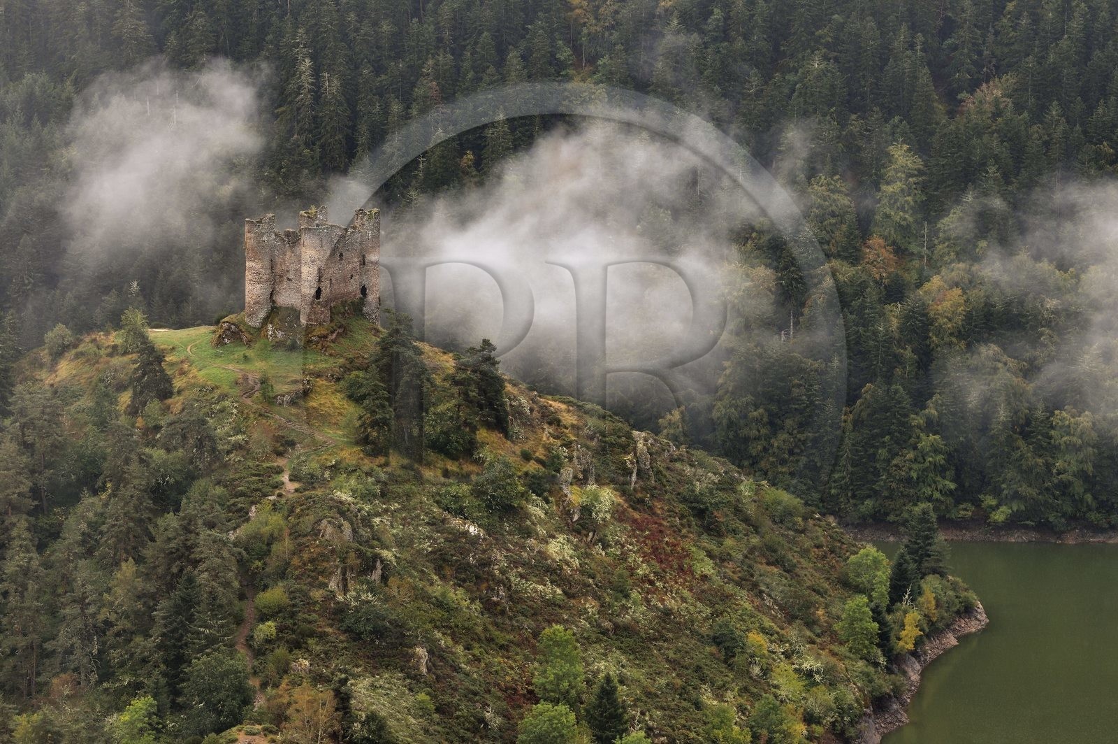 France, Cantal (15), Gorges de la Truyère, Alleuze, ruines féodales perchées du château fort d'Alleuze du XIIIe siècle reconstruit en 1405