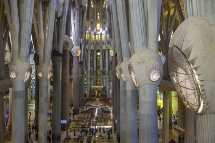 Spain, Catalonia, Barcelona, Eixample district, Sagrada Familia basilica by Catalan modernist architect Antoni Gaudi, listed as a UNESCO World Heritage Site, view of the nave from the facade of the Glory