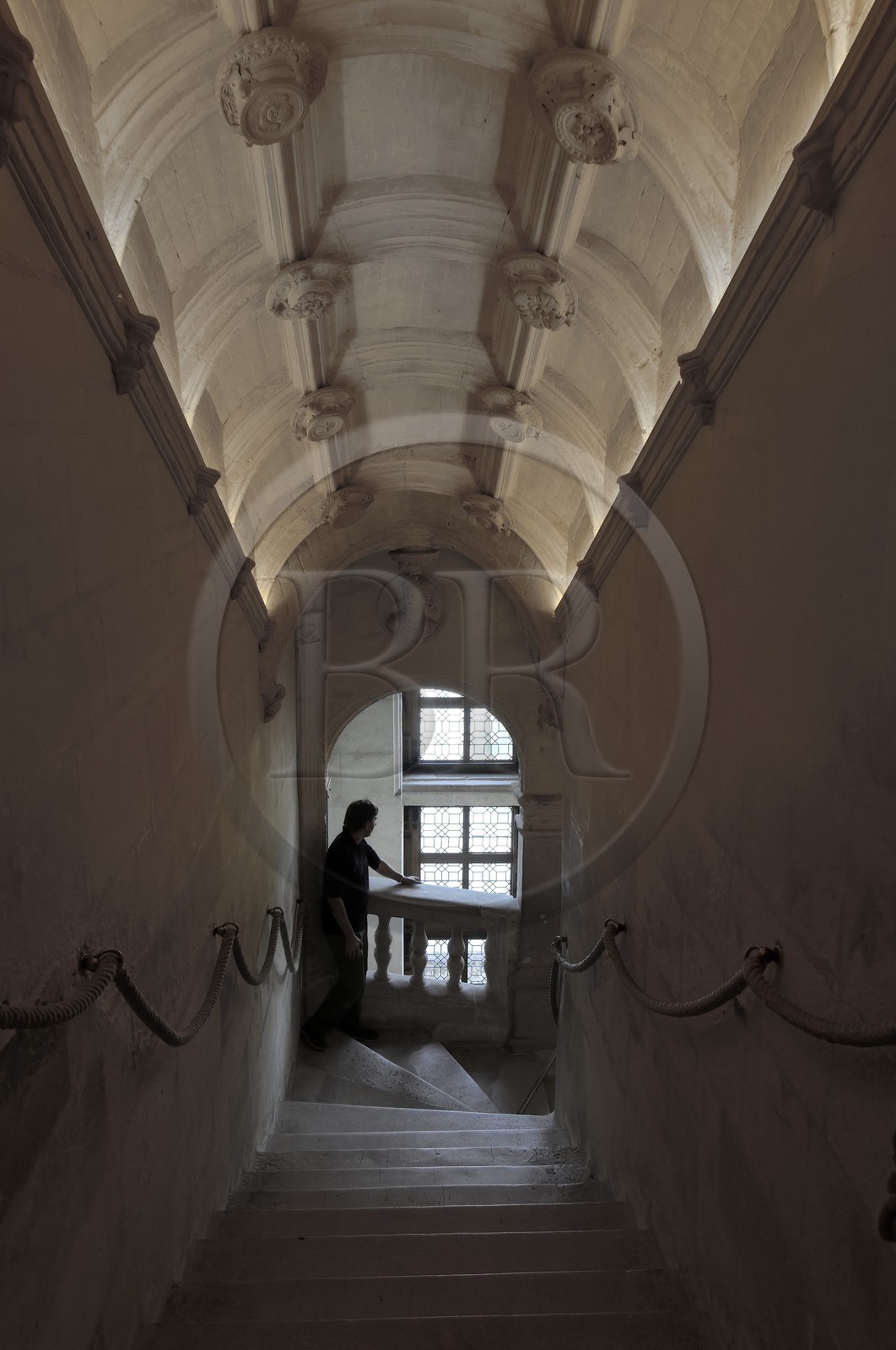 France, Indre et Loire, Chateau de Chenonceau of Renaissance style built between 1513 and 1522, straight staircase