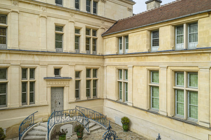 France, Aisne, Château-Thierry, Jean de La Fontaine Museum - city of Chateau-Thierry in the birthplace of the poet and writer, the Renaissance facade and the steps on the courtyard side