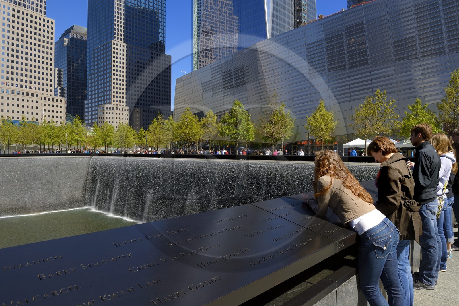 United States, New York,  Manhattan, 9 11 Memorial designed by Israeli architect Michael Arad involving a forest of trees around two bodies of water with two large Square holes in their center at the exact spot where the formers towers stood and the engraved names of victims