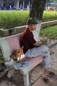 Vietnam, Hanoi, old town, Hoan Kiem Lake also called the small lake or Lake of the Restored Sword, the man and his dog