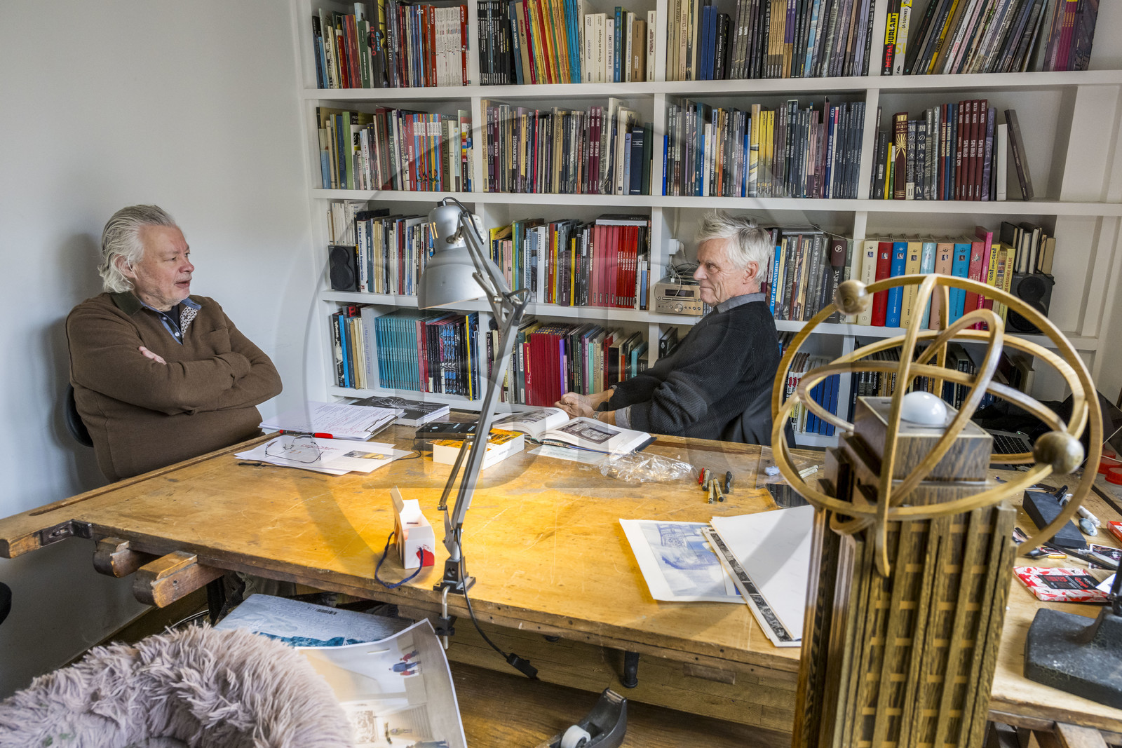 France, Paris, cartoonist and comic book author François Schuiten in his Parisian studio, interview by artist and art critic Pierre Lamalattie for Artension