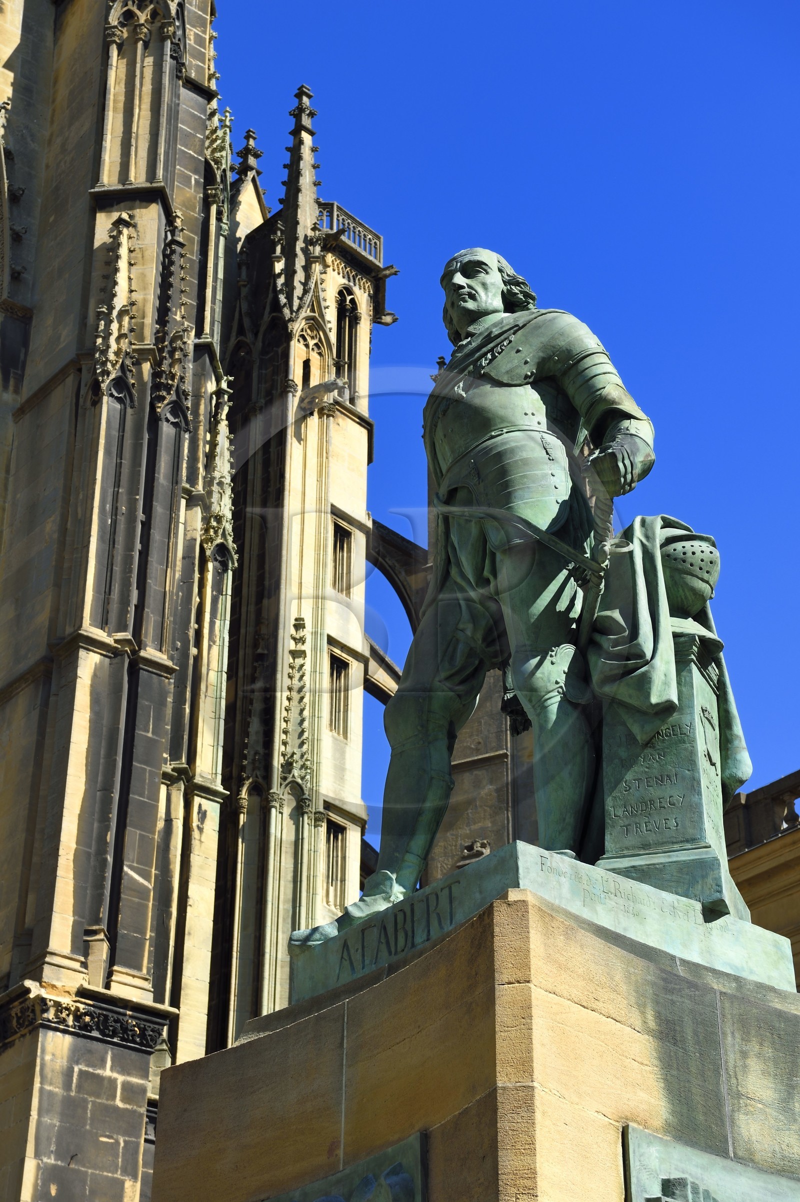 France, Moselle, Metz, the place d'Armes, statue of Marshal Fabert in front of Saint Etienne cathedral in pierre de Jaumont (stone of Jaumont)