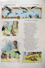 France, Aisne, Château-Thierry, Jean de La Fontaine Museum - city of Chateau-Thierry,  La Fontaine's Fables book illustrated by Benjamin Rabier, Edition Jules Tallandier, 1906, in-folio, the Fox and the Stork fable XVIII from book I