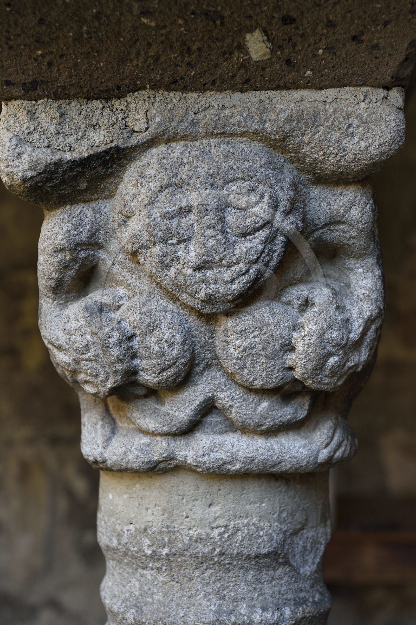 France, Haute-Loire (43), Lavaudieu, labellisé Les Plus Beaux Villages de France, Abbaye Saint-André de style roman auvergnat, sculpture d'un chapiteau du cloitre, une évocation de la luxure avec une femme tétée par des salamandres