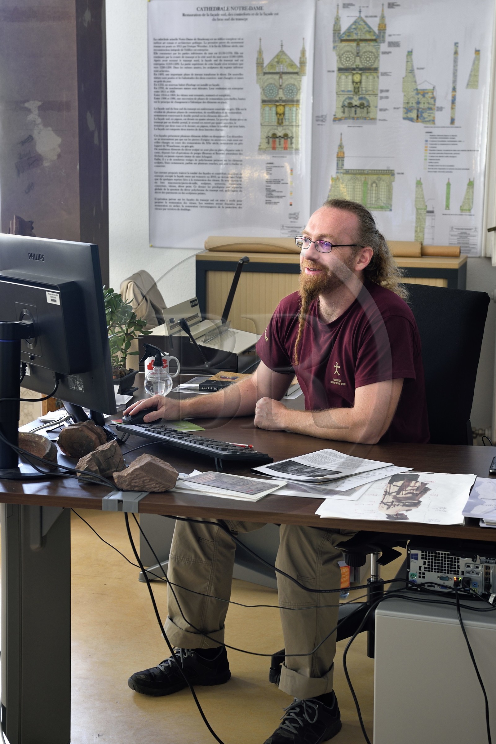 France, Bas Rhin, Strasbourg, old town listed as World Heritage by UNESCO, workshops of the Oeuvre Notre-Dame Foundation, design office, Aymeric Zabollone stonemason and researcher uses photogrammetry to prepare the next conservation-restoration project of the cathedral