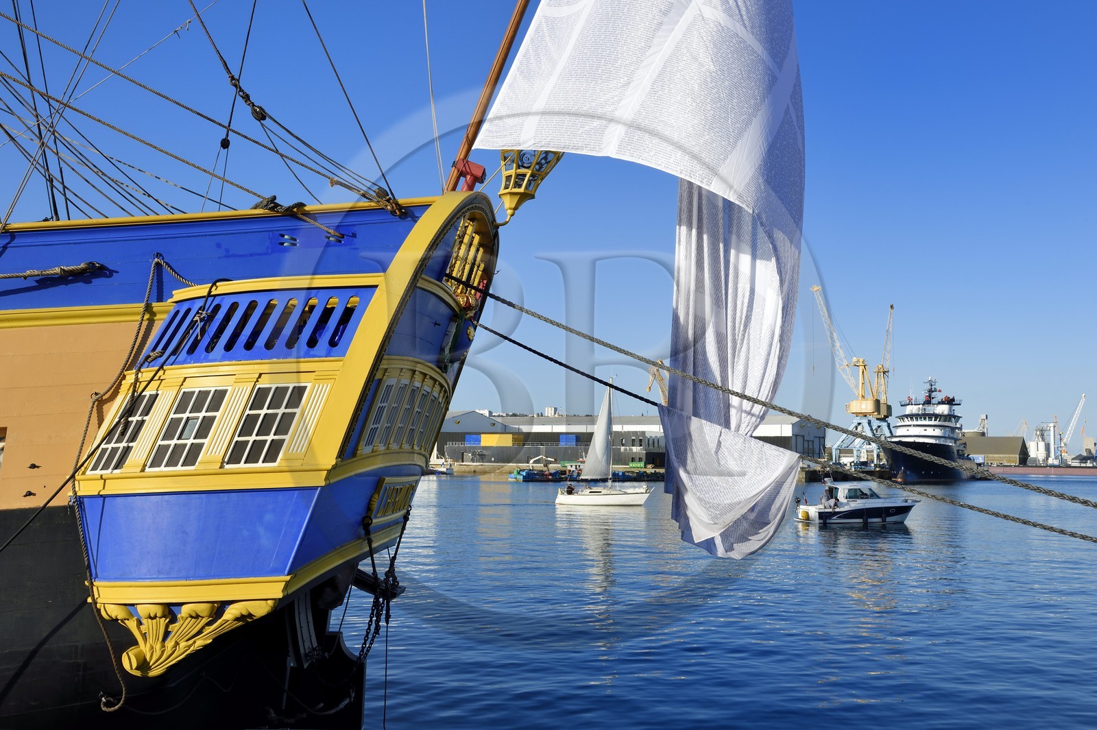 France, Finistere, Brest port, L'Hermione frigate, replica of the three masts which brought the marquis de Lafayette to America in 1780, the stern