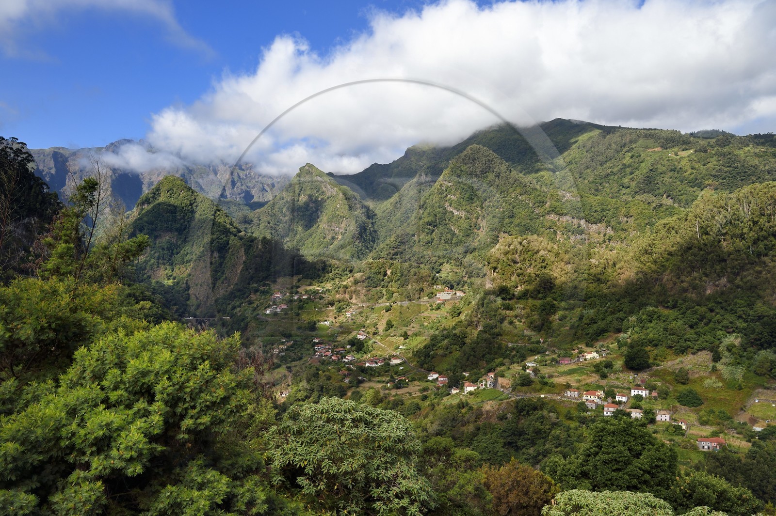 Portugal, Madeira Island, Sao Roque do Faial valley at the foot of the central mountain range and Pico Ruivo (1862m)