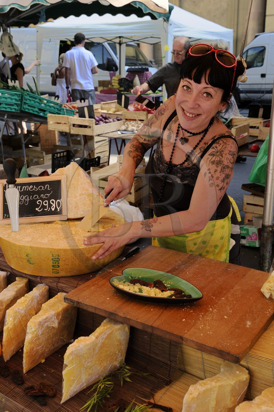 France, Bouches-du-Rhone, Aix-en-Provence, market on Place de l'Hotel de Ville, sale of parmesan cheese