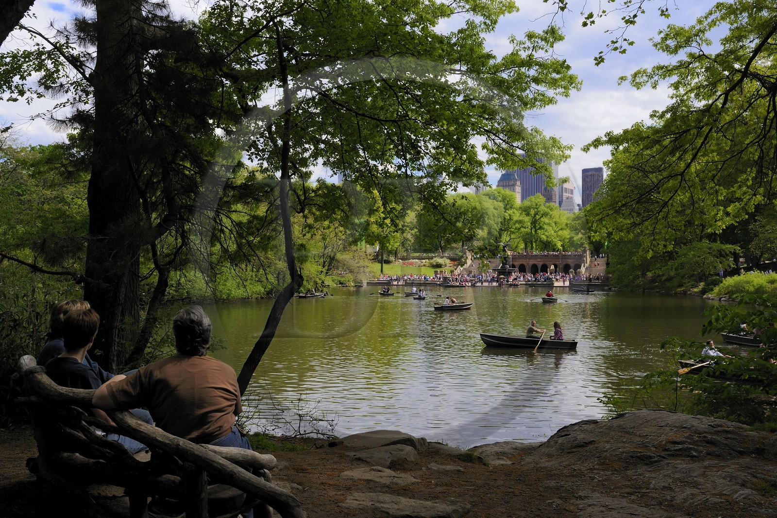 Etats-Unis, New York, Manhattan, Central Park, promenade en barque sur le lac et les gratte-ciels de Midtown
