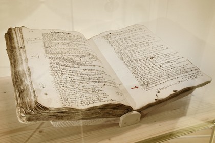 France, Bas Rhin, Strasbourg, Selestat, the Bibliothèque Humaniste (Humanist Library) refurbished by the architect Rudy Ricciotti, 1521, the oldest written mention of the Christmas tree extracted from the register of accounts of the city of Sélestat from 1517 to 1522, there is question of an expenditure of four Schillings to pay the forest guards responsible for watching over the trees in the municipal forests on Saint Thomas' Day and a fine imposed on anyone who cuts the said fir trees