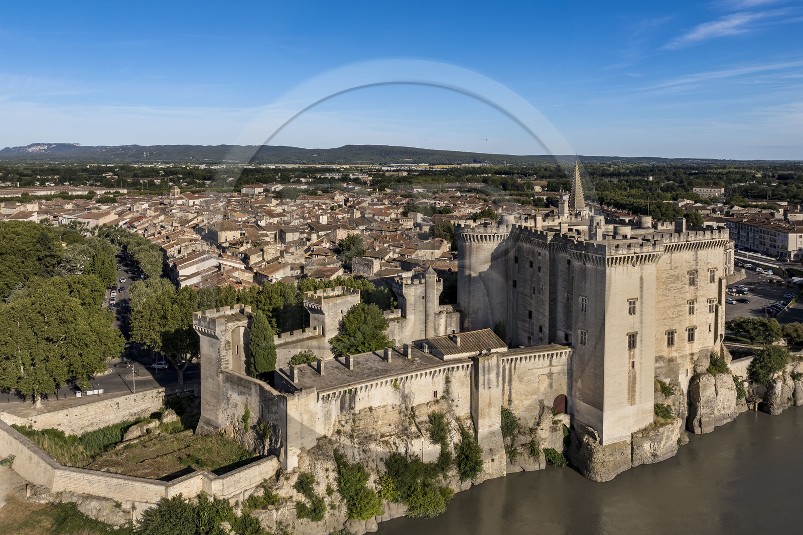 France, Bouches du Rhone, Tarascon, the 15th century castle of King René on the banks of the Rhone river (aerial view)