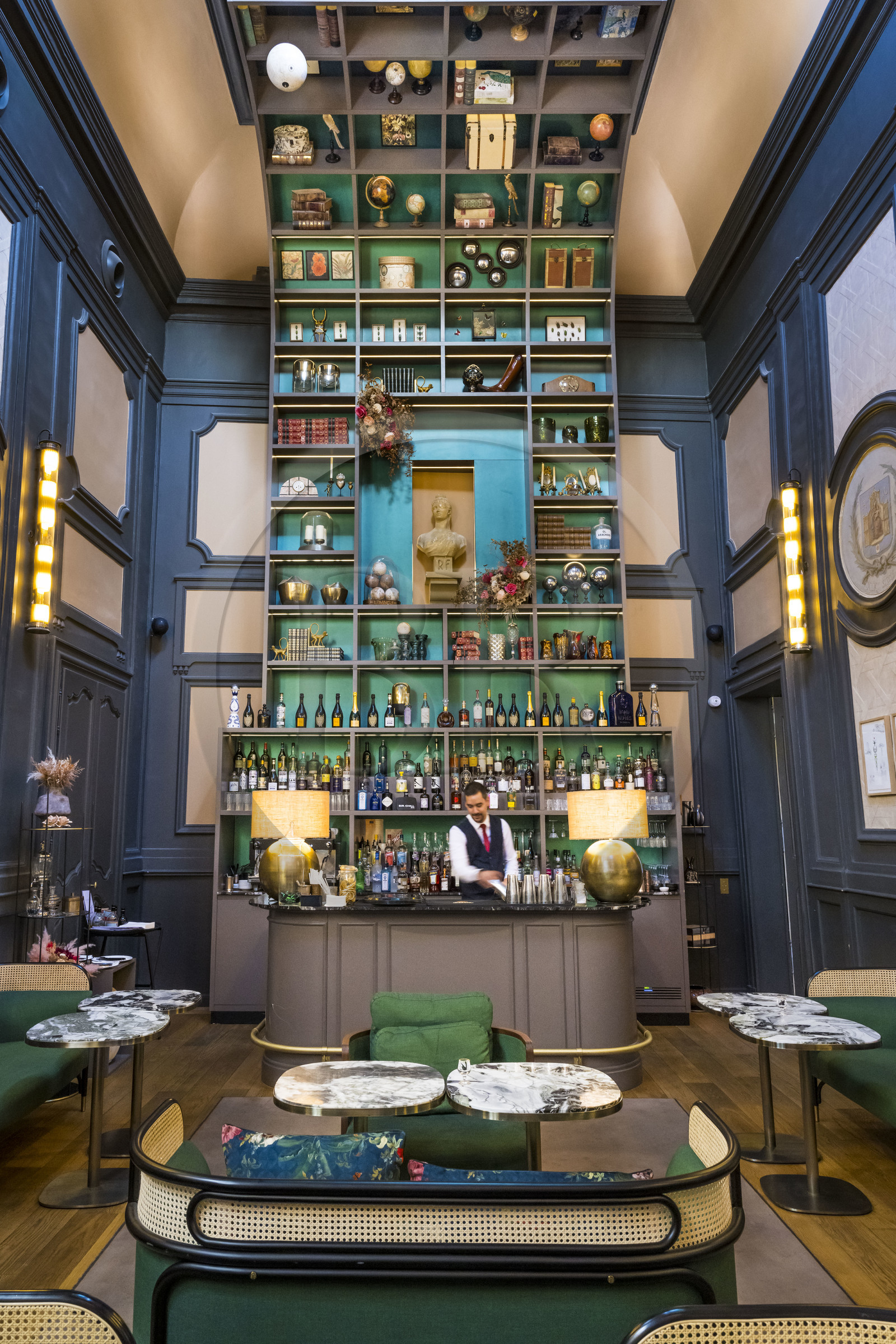 France, Hérault (34), Montpellier, centre historique appelé l’Ecusson, Hotel Richer de Belleval, salon à l’italienne et bar dans l’ancienne salle des mariages