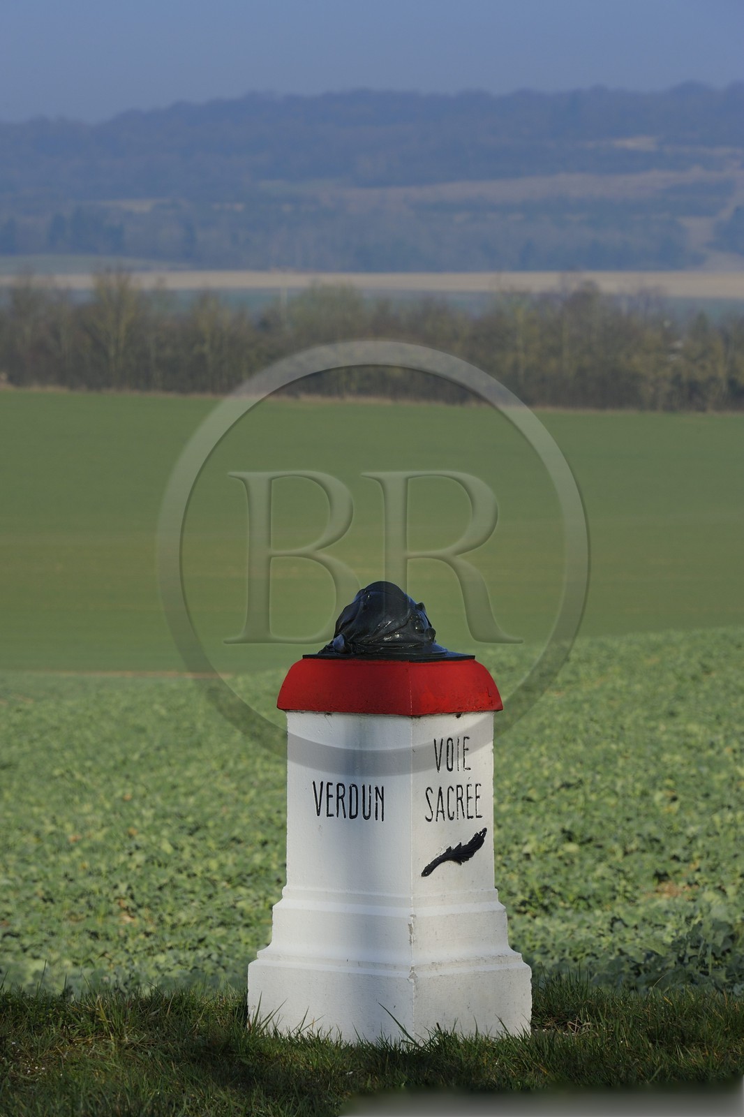 France, Meuse, Verdun area, kilometre marker of the Voie Sacrée (Sacred Way) along the road from Verdun to Bar le Duc
