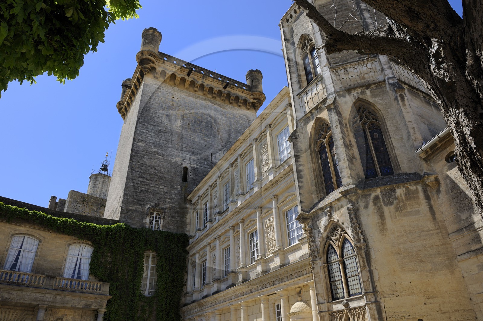 France, Gard, Uzes, listed as town of art and history, Duke's castle called the Duche d'Uzes, listed as historical monument, the facade between the Bermonde Tower and the chapel